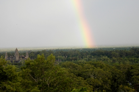 View of rainbow over Angkor Wat from Phnom Bakeng hill