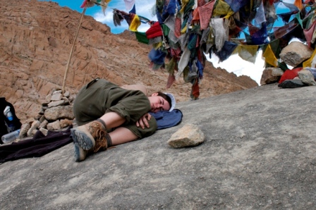Trekking in Ladakh, India, 2004. Hummm, I am sure you guessed already... Not the most fit person on earth, walking for hours at 4.200m... Enjoying a nap under the prayer flags...
